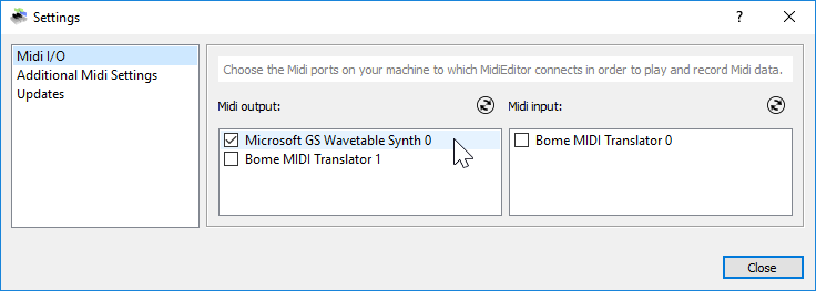 MIDI I/O settings