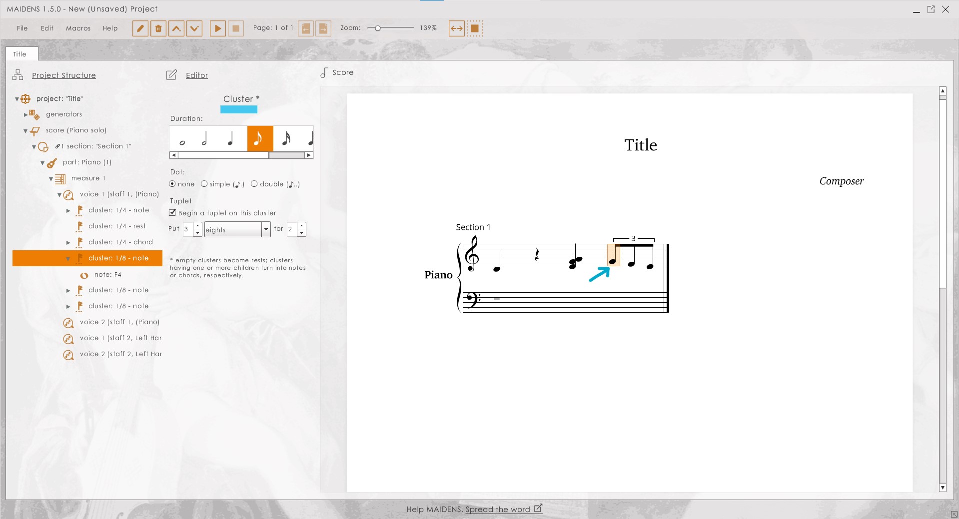 Several Cluster types in MAIDENS, including one that starts a tuplet