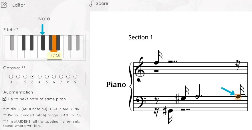 Changing the pitch of a Note from A to F# using the Editor