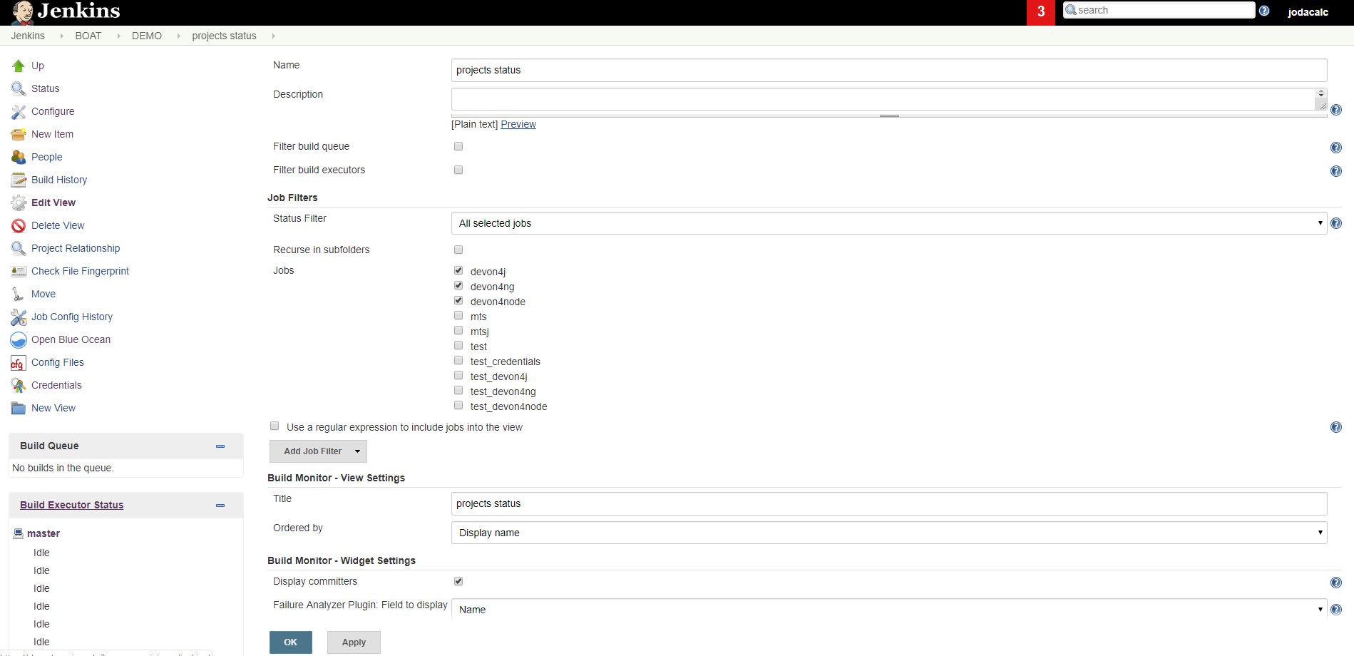 jenkins build monitor view configuration